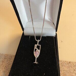 New Pendant Necklace 18" Chain Wine Glass Center Stone Silver Tone  Velvet Case
